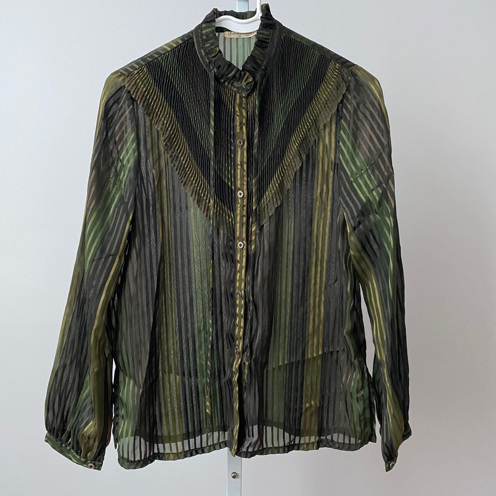 VTG Seoul Fashion Boho Academia Sheer Pleated Striped Victorian Blouse M Green